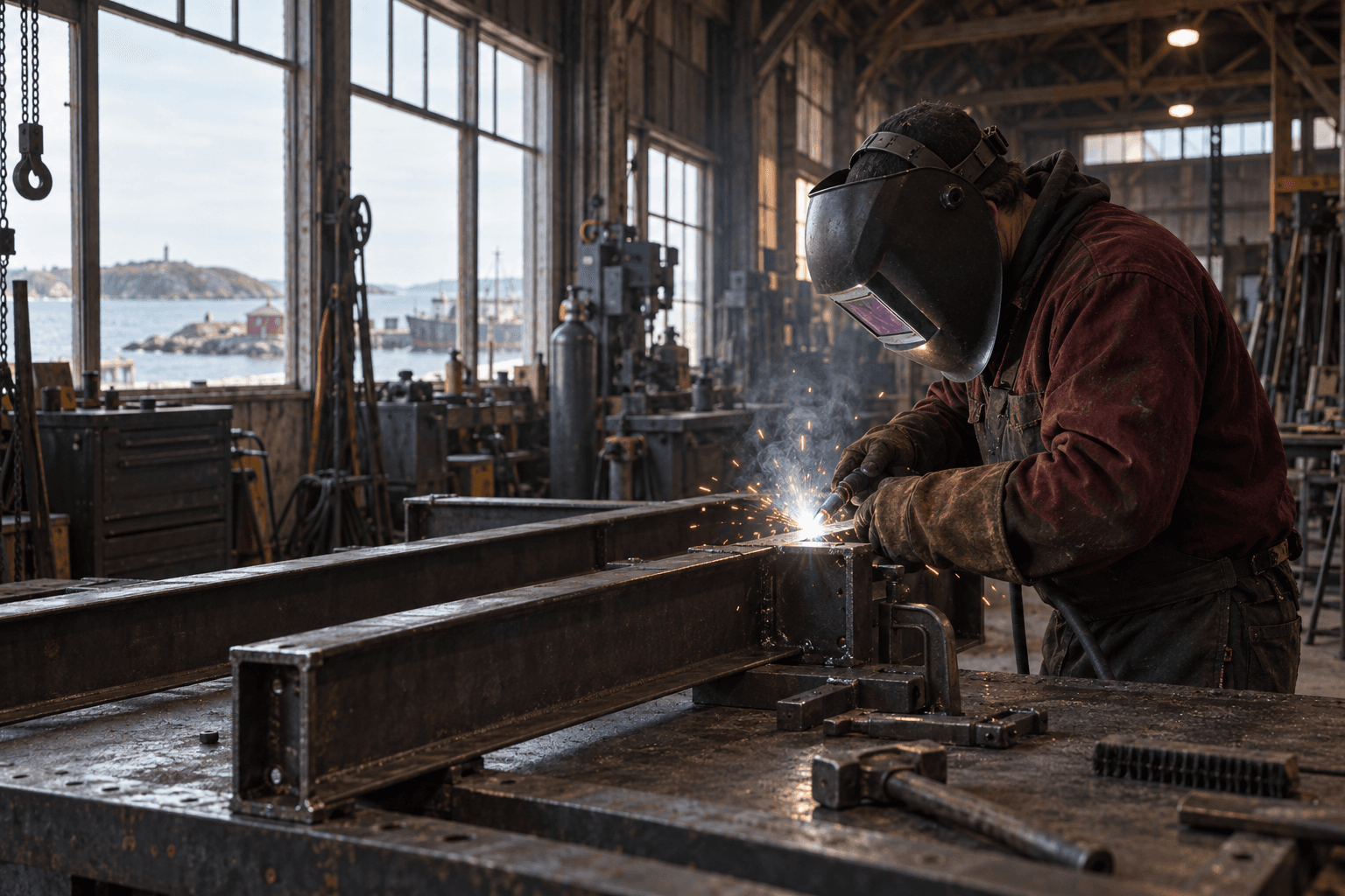 Illustrative workshop scene: a welder in protective equipment fabricating a steel assembly